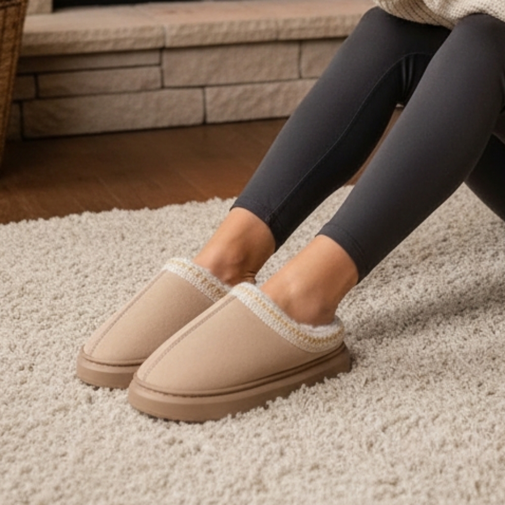 Embroidered Vegan Fur Faux Suede Platform Slippers Slip-On House Shoes Clogs